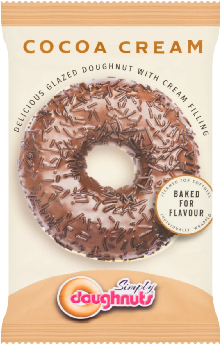 A single wrapped Cocoa Cream Ring Bake doughnut in its cream and brown pack