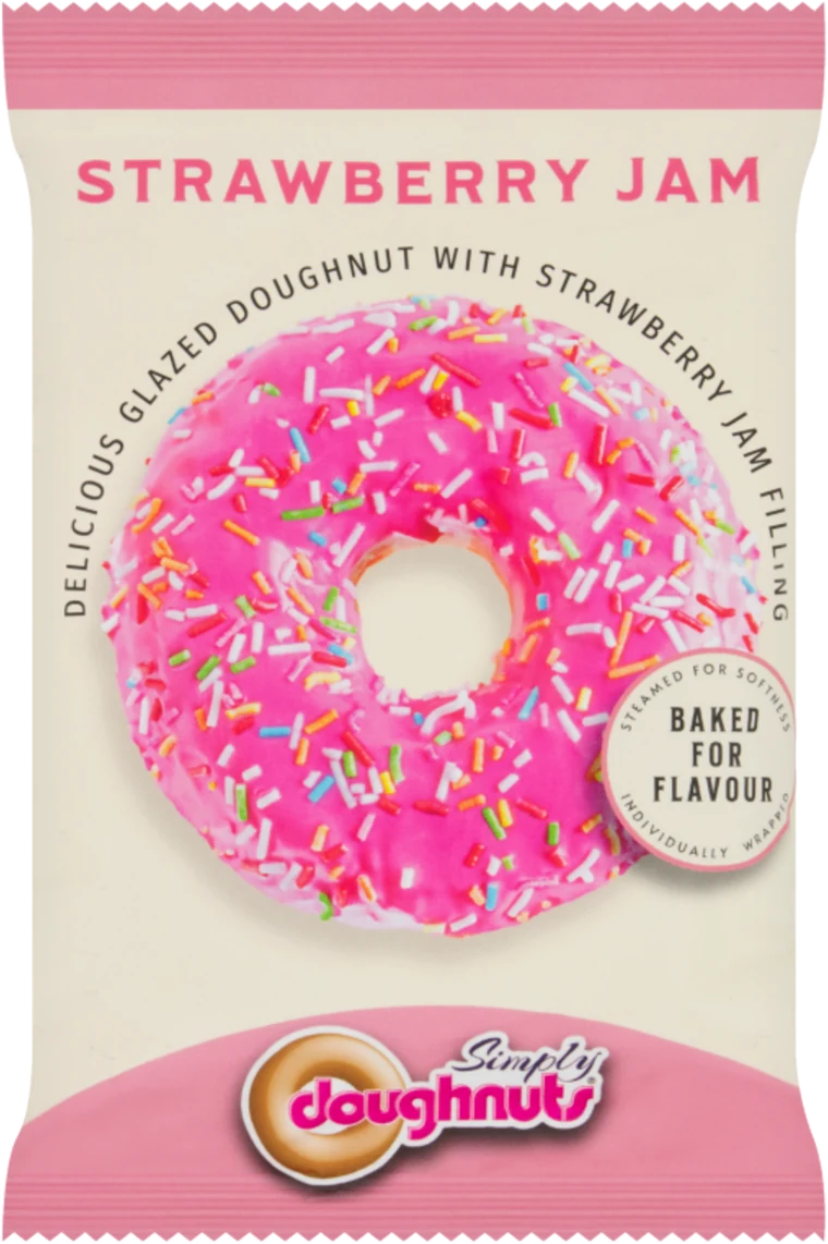 A single wrapped Strawberry Jam Ring Bake doughnut in its pink and cream pack