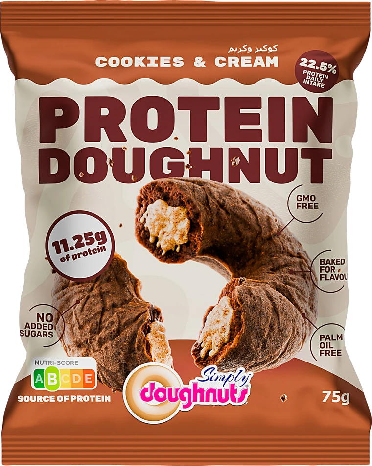 A Cookies and Cream Protein Doughnut in its 75g wrapper