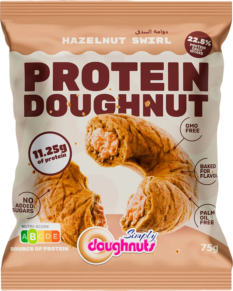 A Hazelnut Swirl Protein Doughnut in its 75g wrapper