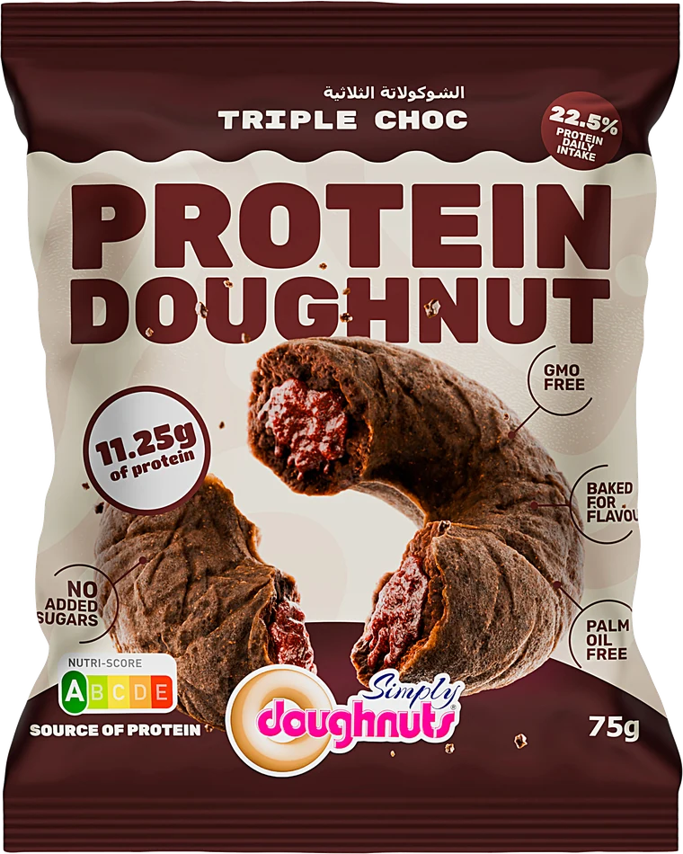 A Triple Choc Protein Doughnut in its 75g wrapper