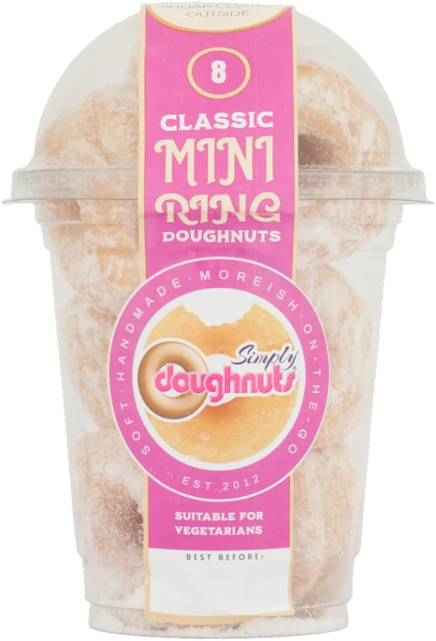 A clear tub of eight Classic Mini Ring doughnuts with a pink Simply Doughnuts label