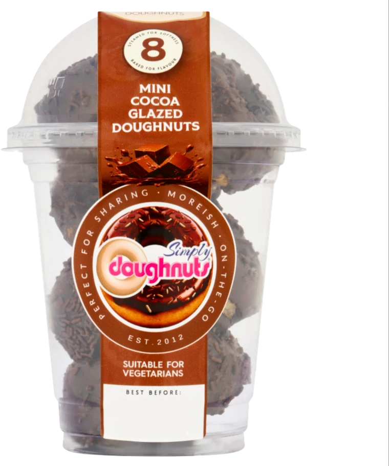 A clear tub of eight Mini Cocoa Glazed doughnuts with a brown Simply Doughnuts label