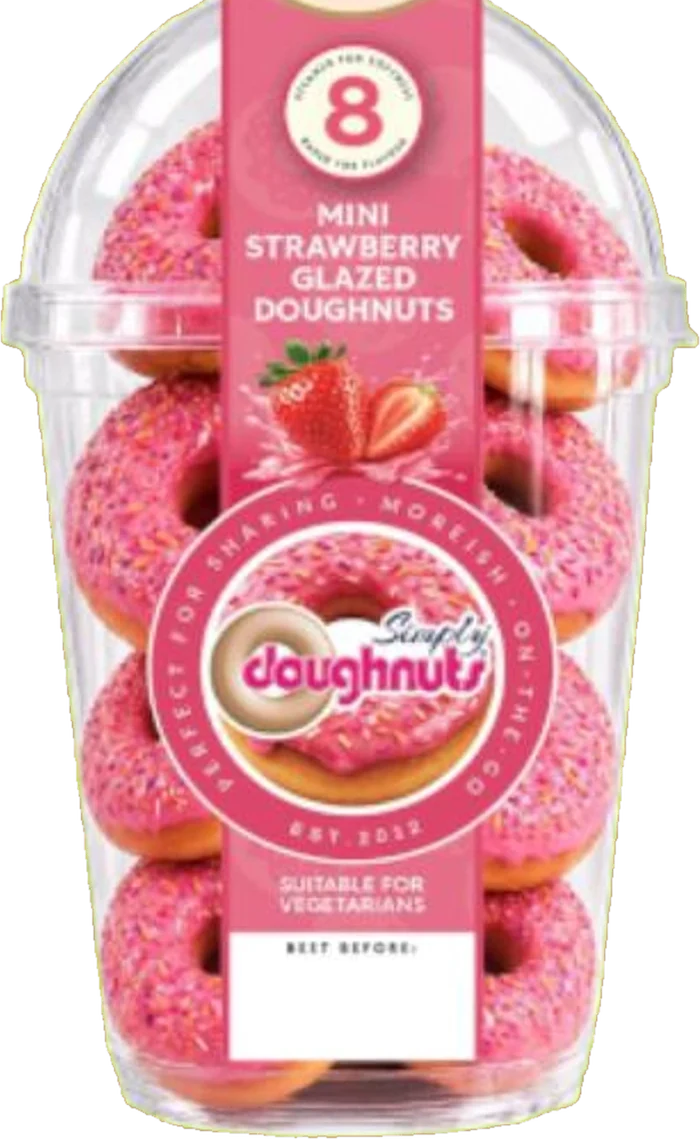 A clear tub of eight Mini Strawberry Glazed doughnuts with a pink Simply Doughnuts label