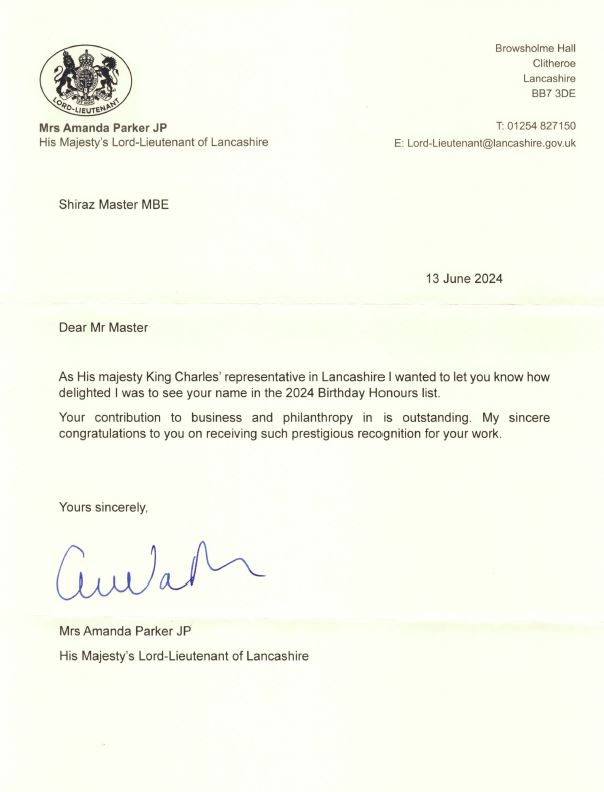 Congratulatory letter from Lord Lieutenant of Lancashire