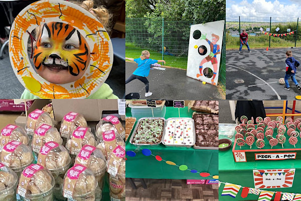 Montage of images from the fun-day; doughnuts, face painting, sports etc.
