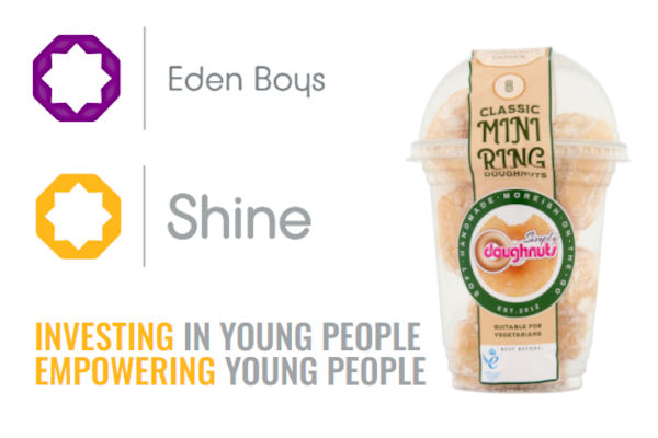 Shine charity logo and a tub of Classic Mini Ring Doughnuts