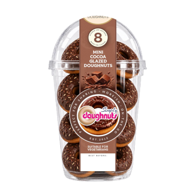 8-pack of glazed mini ring doughnuts (cocoa glaze)